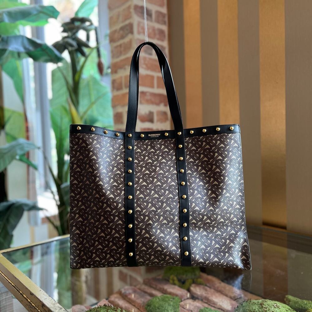 BURBERRY TB Studded Brown Monogram Canvas Book Tote